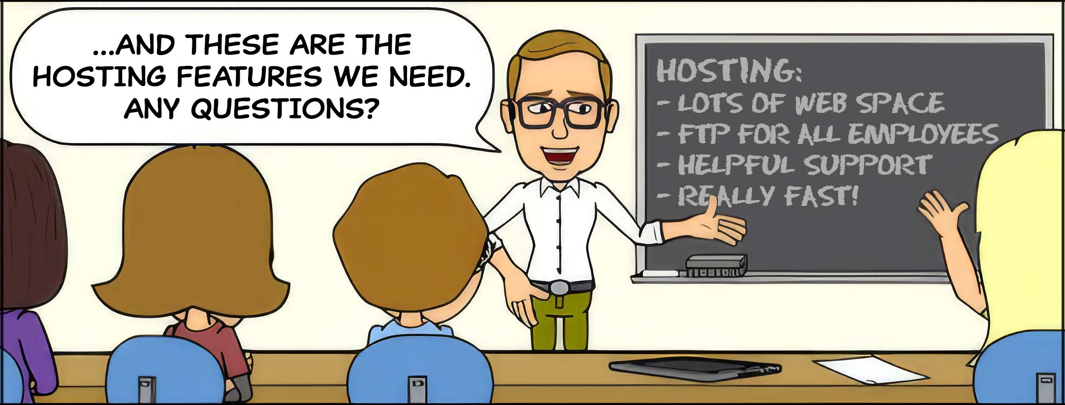 Comic panel 1: a presenter explains hosting features